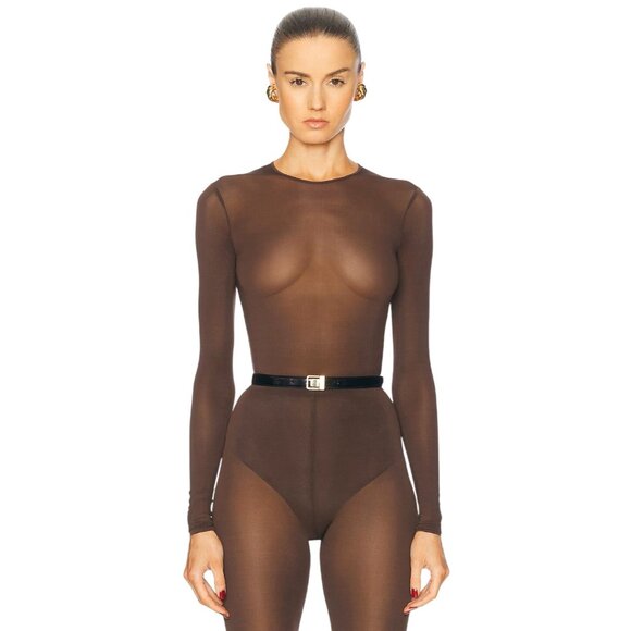 WARDROBE.NYC Sheer Bodysuit in Dark Brown Small New Womens Long Sleeve Top - Picture 1 of 14